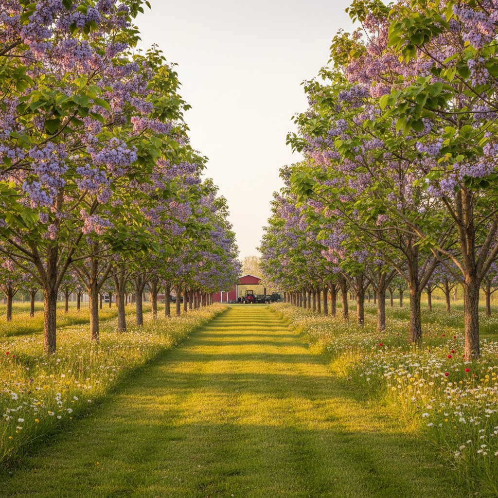 Dit is een foto van een groene tuin met bomen door een allée met rode hek versierd met bloemen. Aan het einde komt een blo...