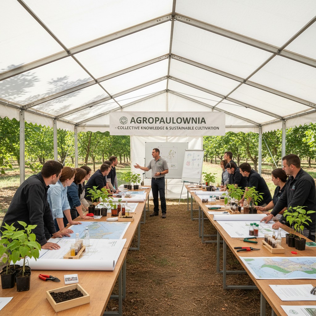 A group of people in black polo shirts and jeans are sitting at long wooden tables surrounded by plants. They are gathered...